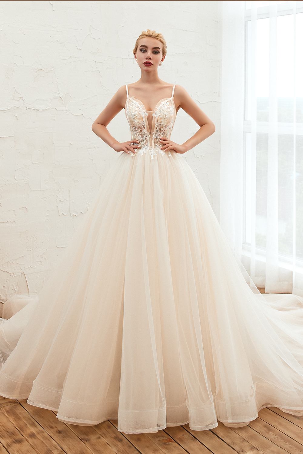 Deep V-Neck Tulle A-line Wedding Dress with Spaghetti Straps-newarrivaldress