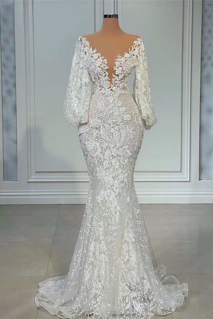 Long Sleeves Lace Appliques V-neck Mermaid Wedding Dress-newarrivaldress