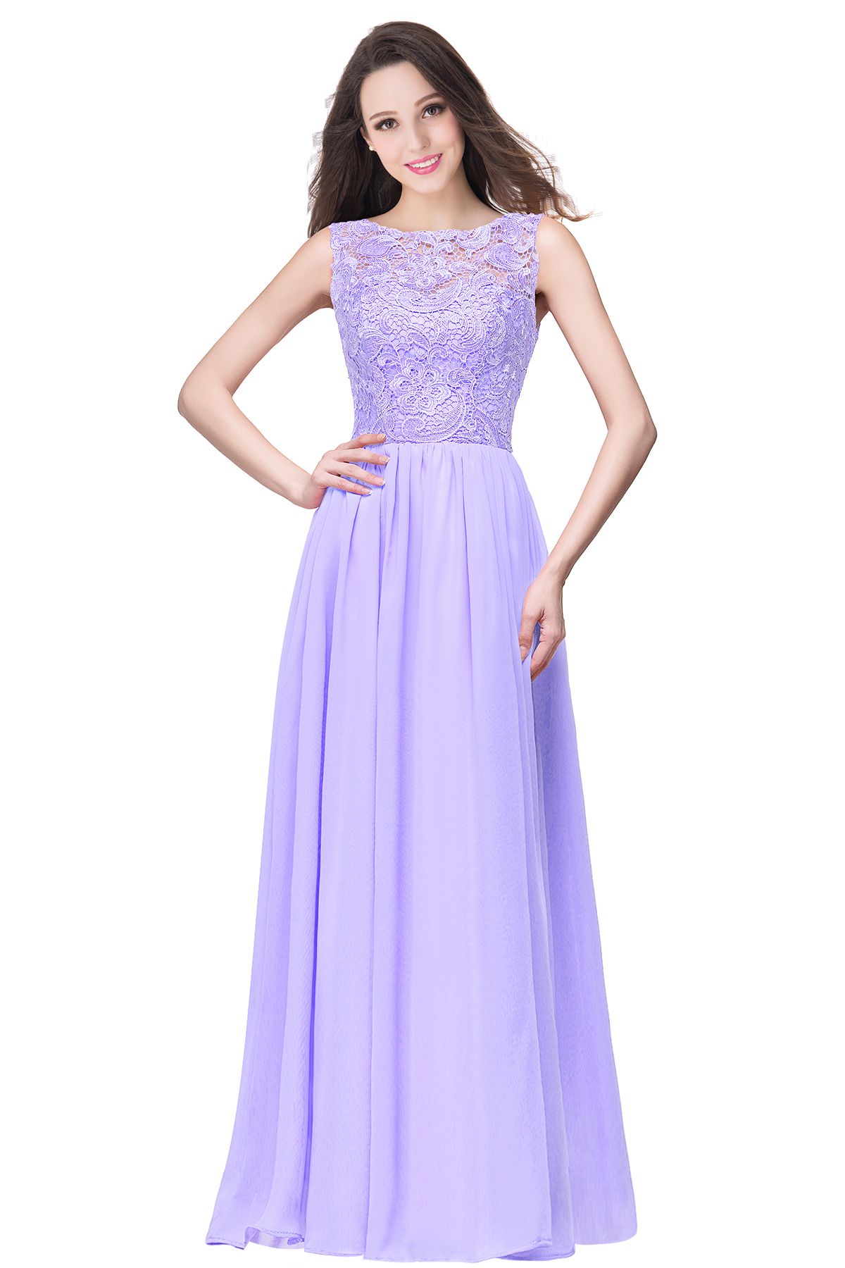 ELYSE | A-line Sleeveless Crew Floor-length Lace Top Chiffon Prom Dresses-newarrivaldress
