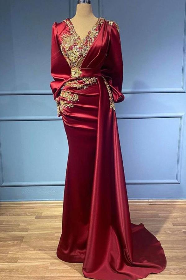 Stylish Long Mermaid V-neck Satin Beads Floor length Prom Dress with Sleeves Gold Appliques-newarrivaldress