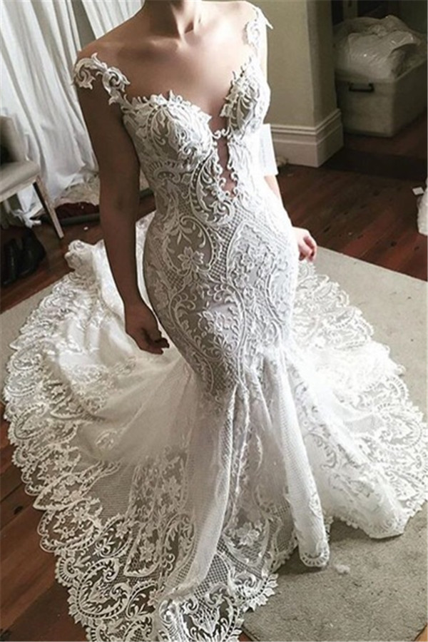 Sexy Lace Mermaid Wedding Dress 2021 | Glamorous Sheer Tulle Bridal Gowns with Buttons-newarrivaldress