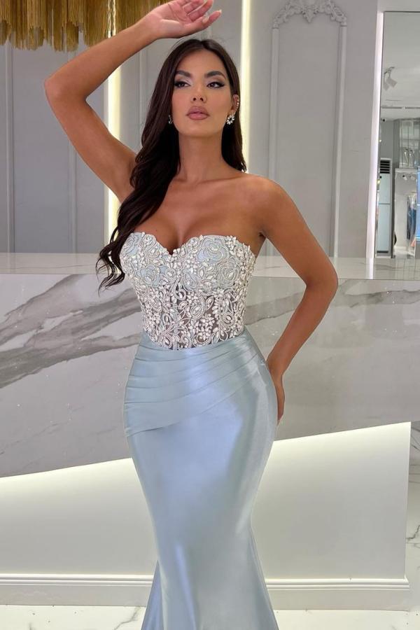 Sexy Strapless Mermaid Prom Dress Glitter Beadings Satin Long Party Dress-newarrivaldress