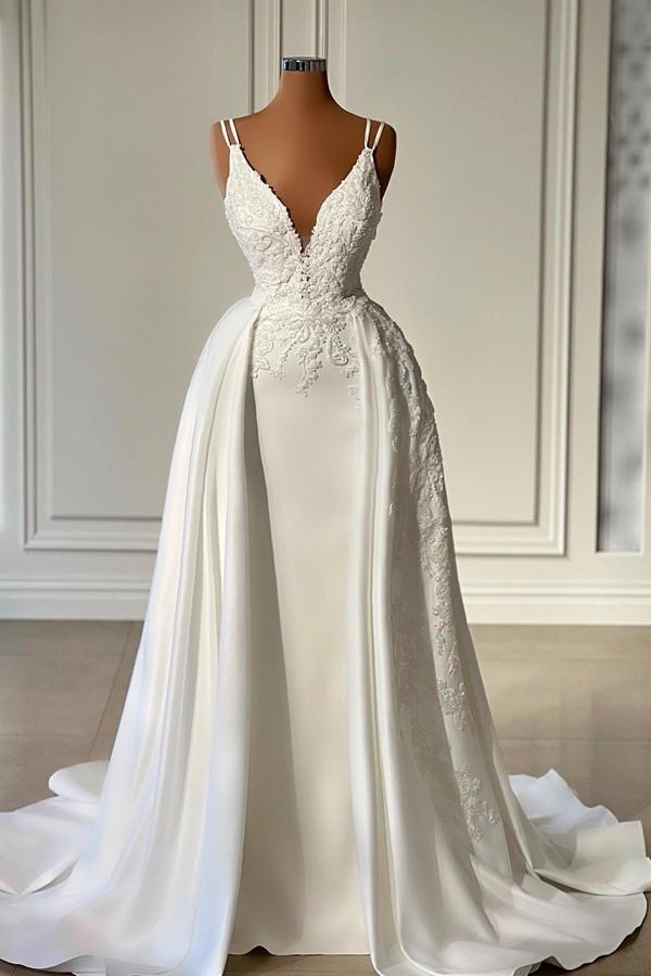 Stunning White Lace Mermaid Wedding Dress V-Neck Appliques Bridal Gown-newarrivaldress