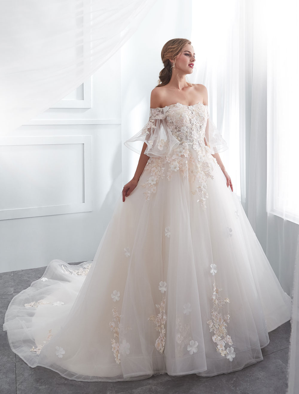 Princess Wedding Dresses Half Sleeve Off Shoulder Lace Flowers Pearls Applique Ivory Bridal Dress With Train-newarrivaldress