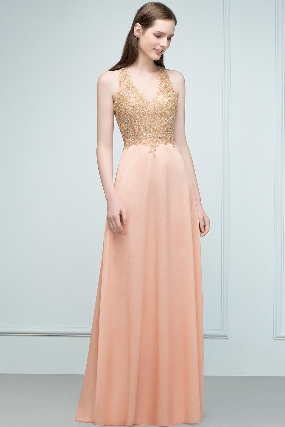 JULIETA | A-line Floor Length V-neck Sleeveless Appliques Chiffon Prom Dresses-newarrivaldress