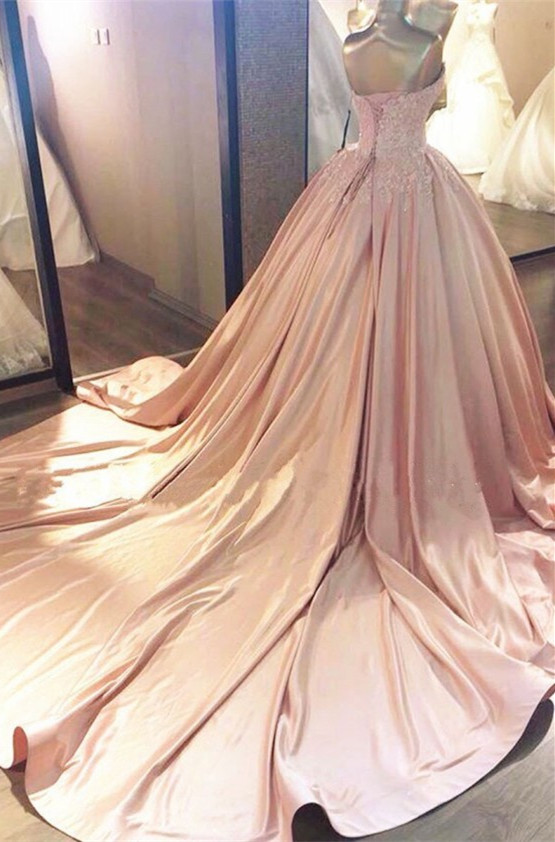Strapless Lace Appliques Ball Gown Evening Dresses | Pink Quinceanera Dresses with Train BA8271-newarrivaldress