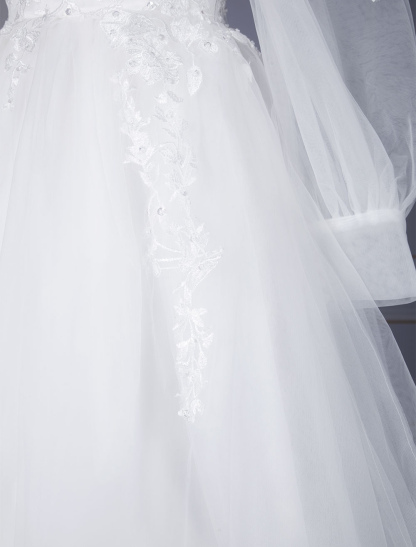White Simple Wedding Dress Jewel Neck Long Sleeves Lace Tulle Long A-Line Bridal Dresses-newarrivaldress