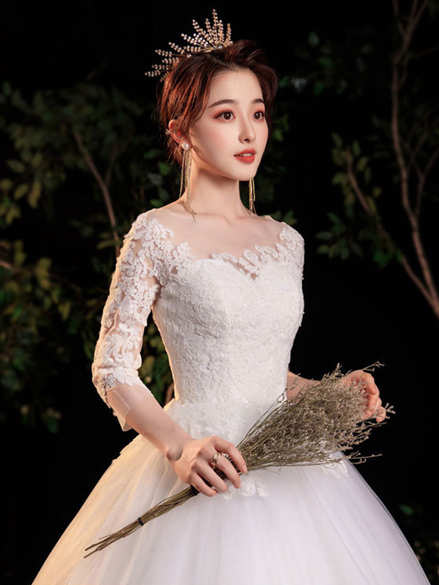 Simple Wedding Dress Eric White Ball Gown Jewel Neck Half Sleeves Applique Long Bridal Dresses-newarrivaldress