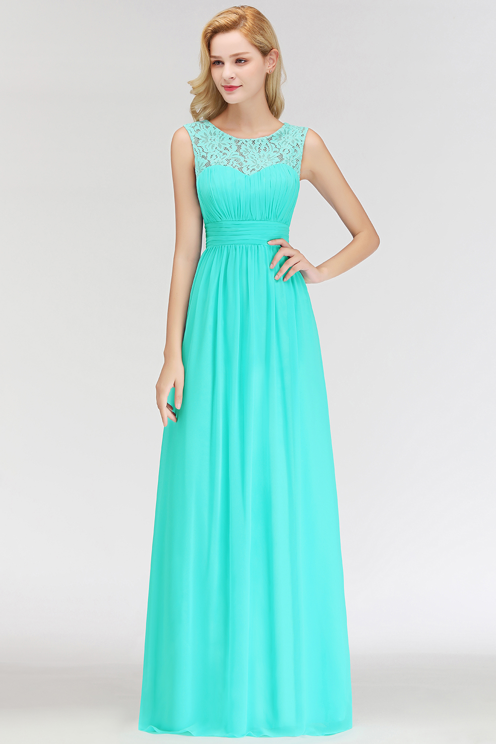MABEL | A-line Sleevless Long Lace Appliques Neckline Bridesmaid Dresses-newarrivaldress