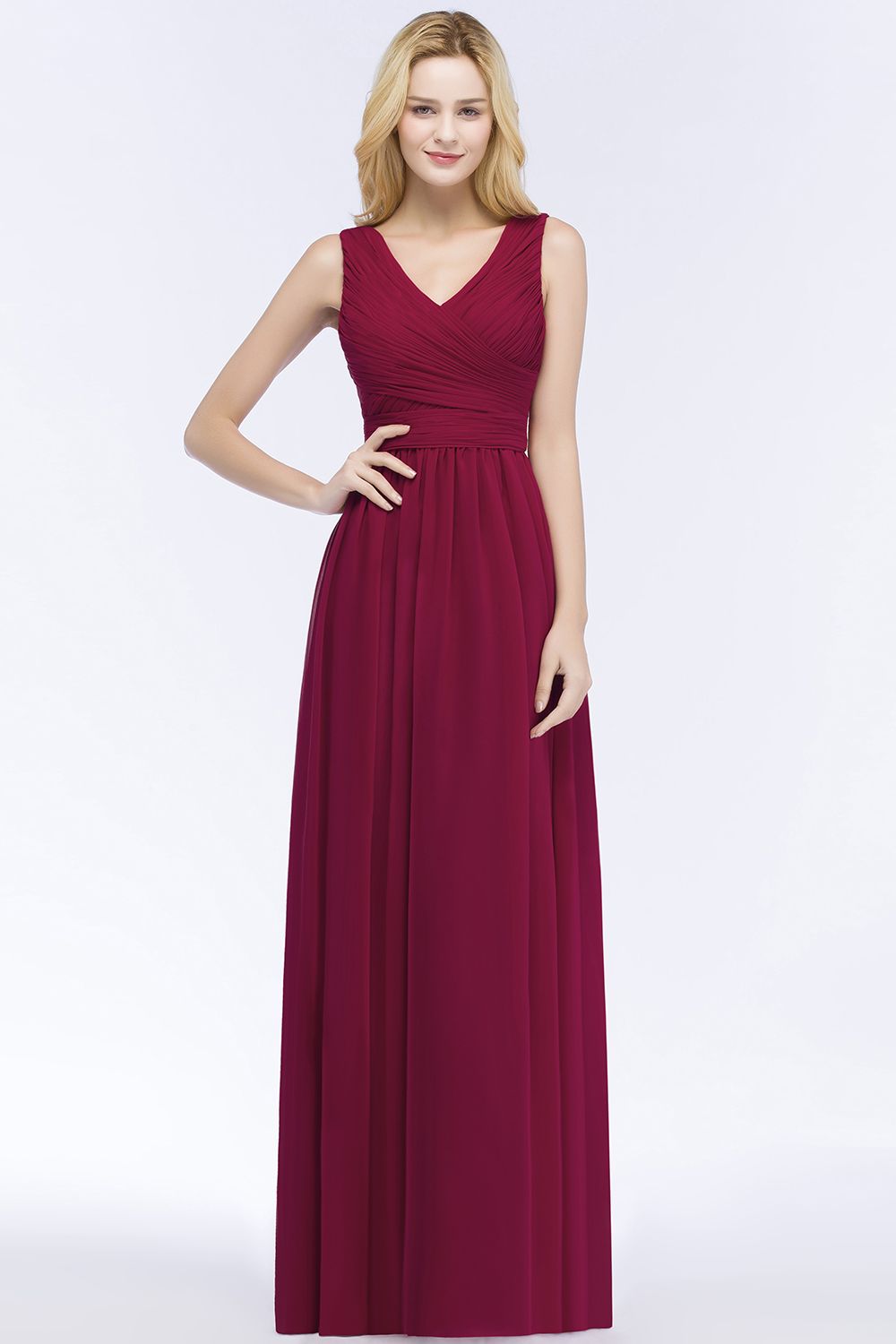 PATIENCE | A-line Floor Length V-neck Sleeveless Ruffled Chiffon Bridesmaid Dresses-newarrivaldress