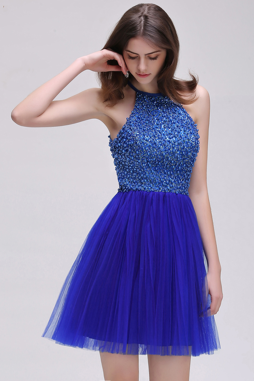 CAITLYN | A-line Halter Neck Short Tulle Royal Blue Homecoming Dresses with Beading-newarrivaldress