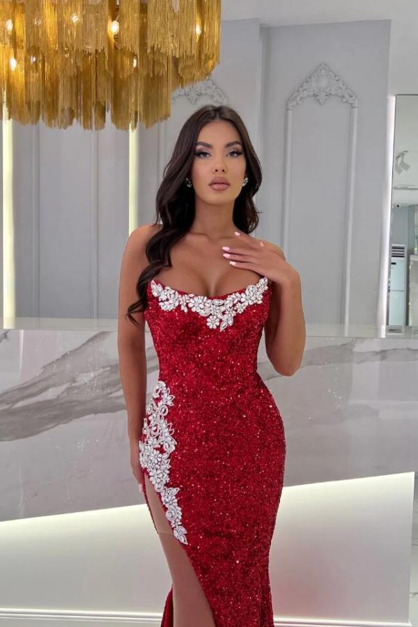 Sexy Strapless Red Sequins Crystals Long Mermaid Evening Dress-newarrivaldress