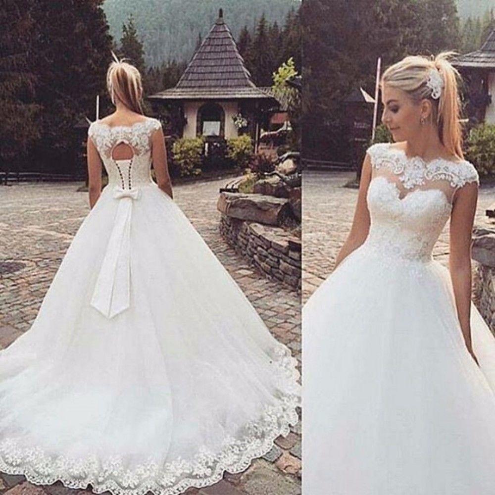 Cap Sleeve Lace-Up Bowknot Back Ball Gown Wedding Dresses-newarrivaldress