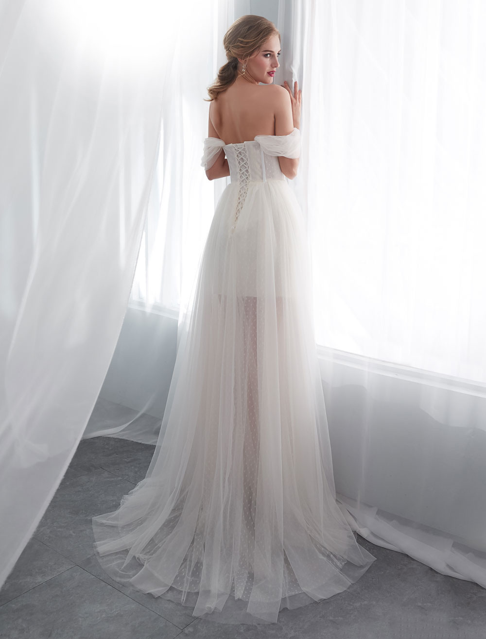 Wedding Dresses Tulle Ivory Off The Shoulder Sweetheart Beach Bridal Dress With Train-newarrivaldress