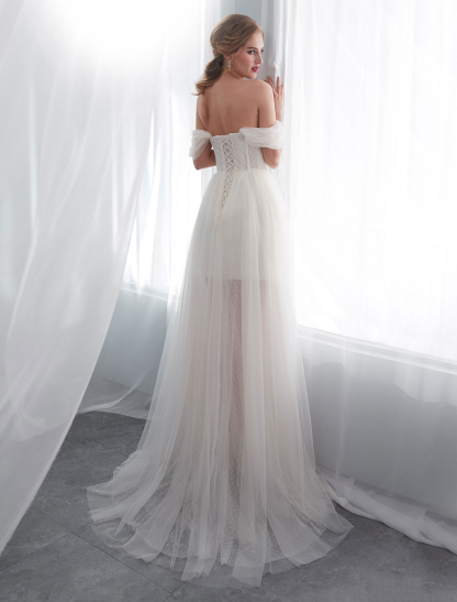 Wedding Dresses Tulle Ivory Off The Shoulder Sweetheart Beach Bridal Dress With Train-newarrivaldress