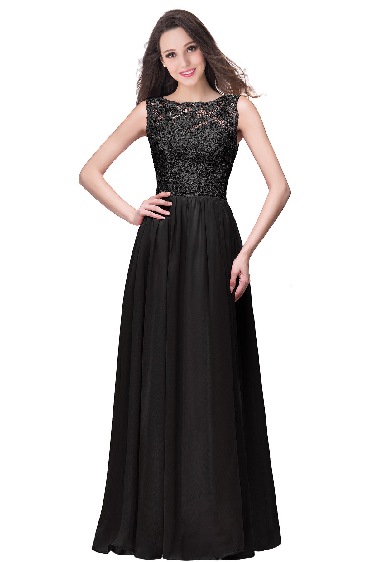 ELYSE | A-line Sleeveless Crew Floor-length Lace Top Chiffon Prom Dresses-newarrivaldress