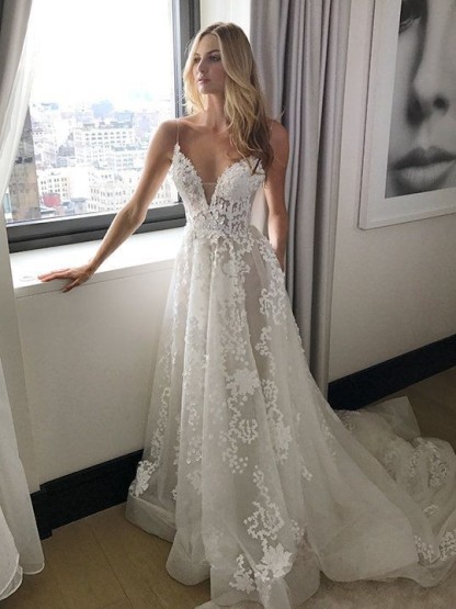 Tulle New Arrival A-line Lace Applique Spaghetti Strap Elegant Wedding Dresses-newarrivaldress
