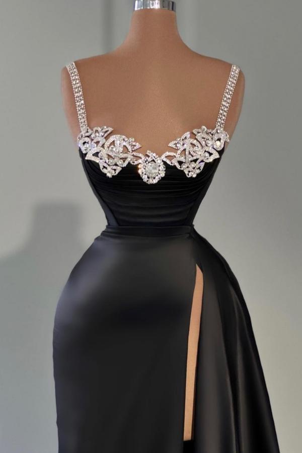 Charming Straps Side Slit Black Prom Dress with Floral Crystals-newarrivaldress