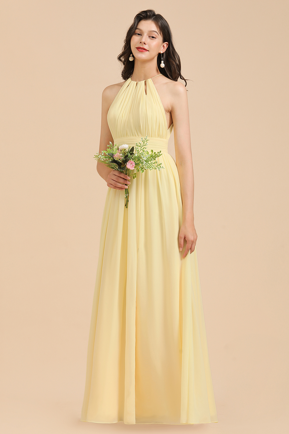 Elegant Daffodil Halter Pleated Chiffon Bridesmaid Dress Side Slit Long Evening Dress-newarrivaldress