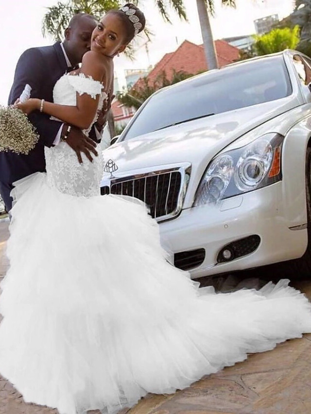 Modest Mermaid Wedding Gowns Off Shoulder Ruffles Tulle Lace Bridal Dress-newarrivaldress