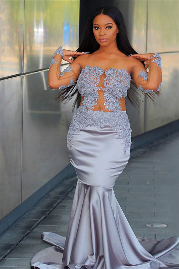 Chic Off The Shoulder Long Sleeves Sexy Mermaid Prom Dresses | New Arrival Sheer Tulle Appliques Evening Gowns-newarrivaldress
