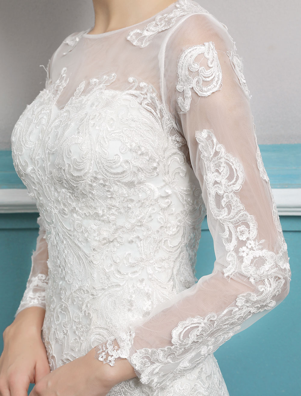 Mermaid Wedding Dresses Long Sleeve Ivory Lace Illusion Train Bridal Gowns-newarrivaldress