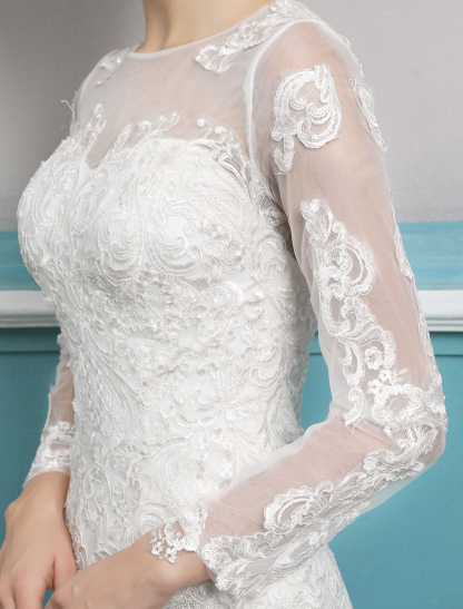 Mermaid Wedding Dresses Long Sleeve Ivory Lace Illusion Train Bridal Gowns-newarrivaldress