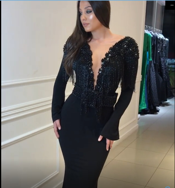 Sexy Black Open Back Long Sleeves Mermaid Tassels V-Neck Beadings Long Prom Dresses-newarrivaldress