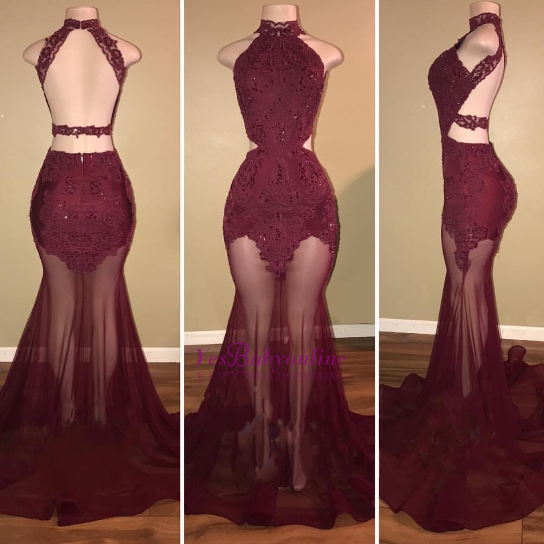 Burgundy Mermaid Sheer-Tulle High-Neck Lace-Appliques Prom Dresses-newarrivaldress
