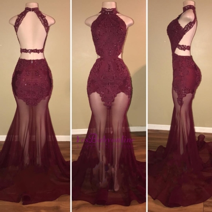 Burgundy Mermaid Sheer-Tulle High-Neck Lace-Appliques Prom Dresses-newarrivaldress