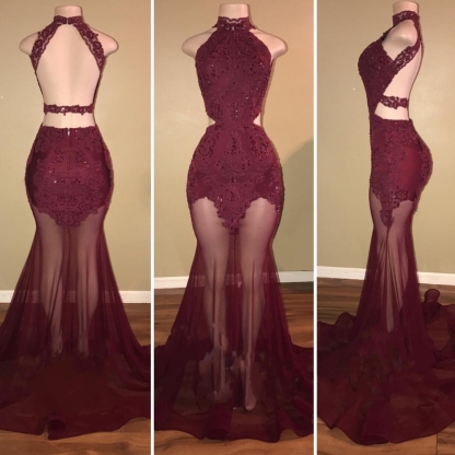 Mermaid Lace Appliques Sheer-Tulle Burgundy High Neck Long Prom Dresses BA7713-newarrivaldress
