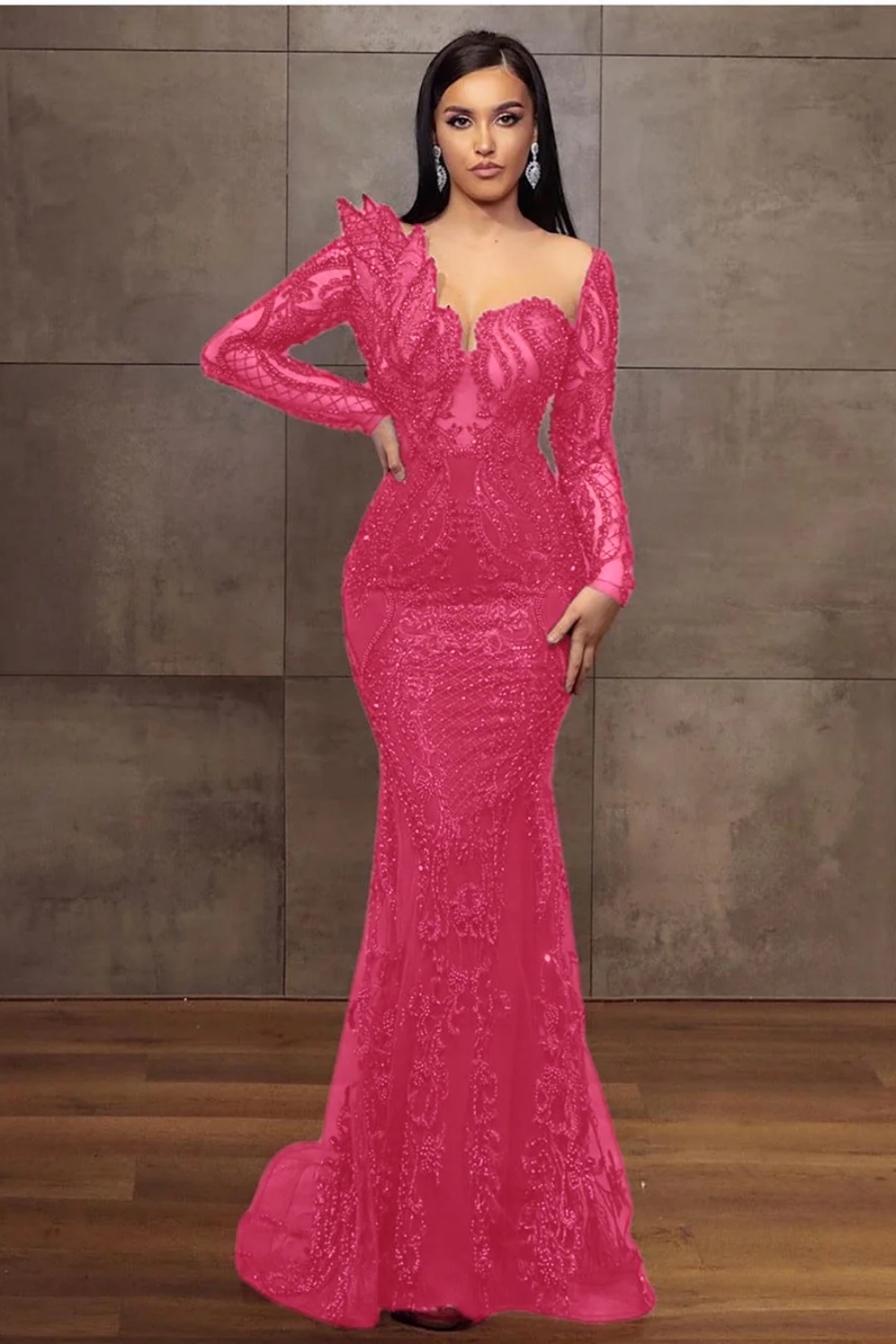 Charming Glitter Burgundy Long Sleeves Mermaid Prom Dress Beadings Evening Dress-newarrivaldress