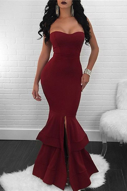 Modest Sleeveless Mermaid Ruffles Evening Gown | Front Split Evening Dress-newarrivaldress