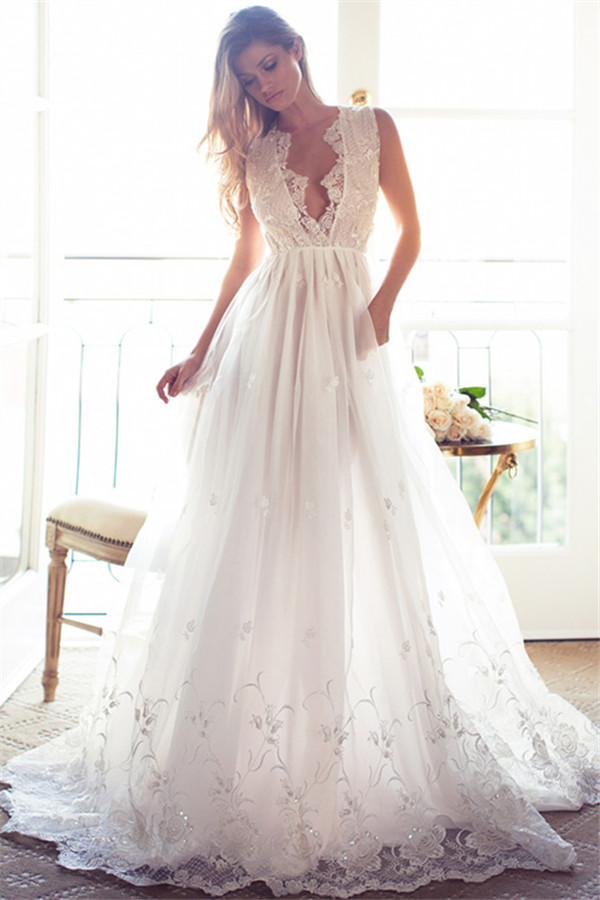 A-Line Sleeveless Gorgeous Princess Lace Custom Made V-Neck Wedding Dresses-newarrivaldress
