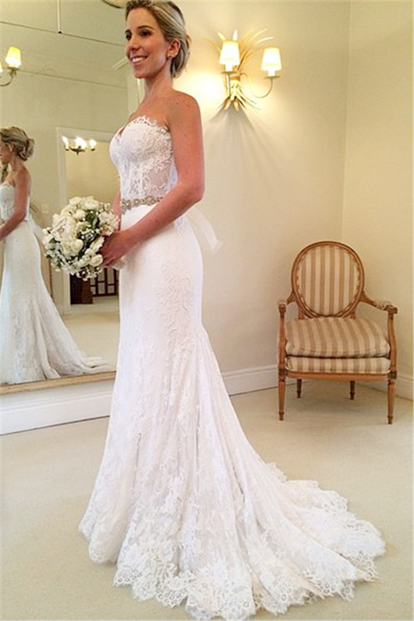 Beautiful Sweetheart White Lace Wedding Dress Popular Crystal Long Bridal Gown for Women-newarrivaldress