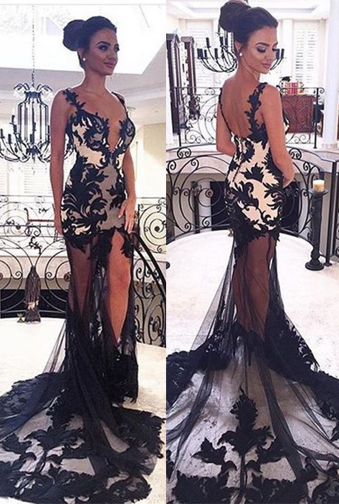 Sexy Mermaid Black Lace Prom Dress, modern prom dress-newarrivaldress