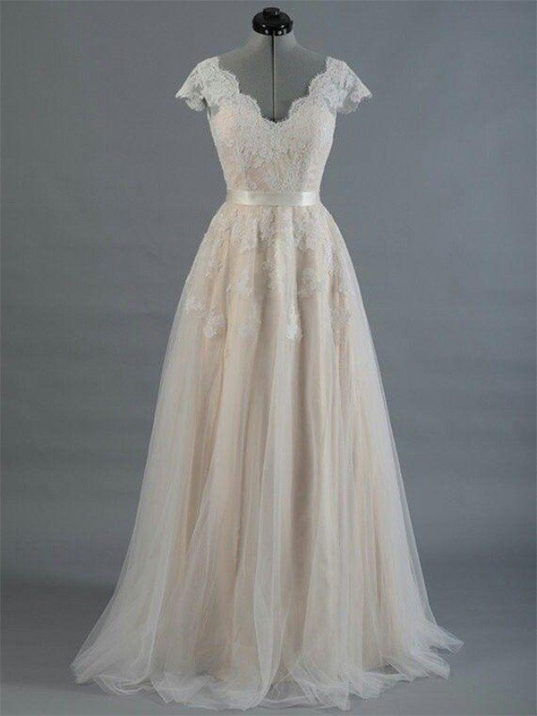 Sweep Train Sexy Sleeveless Bridal Gowns | Appliques Lace V-neck Wedding Dresses-newarrivaldress