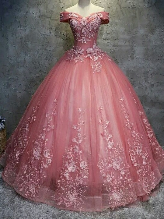 Elegant Off-The-Shoulder Ball gown Appliques Sleveless Floor-Length Lace-up Prom Dresses-newarrivaldress
