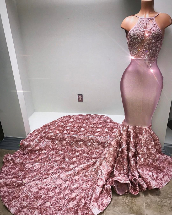 Gorgeous Pink Flowers Mermaid Prom Dresses | Halter Sleeveless Evening Gown BA7797-newarrivaldress