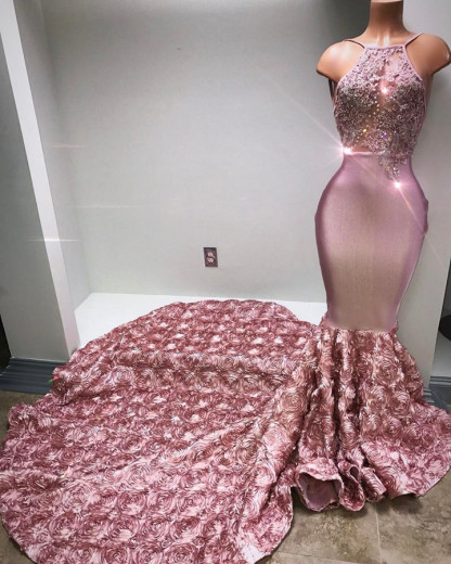 Gorgeous Pink Flowers Mermaid Prom Dresses | Halter Sleeveless Evening Gown BA7797-newarrivaldress