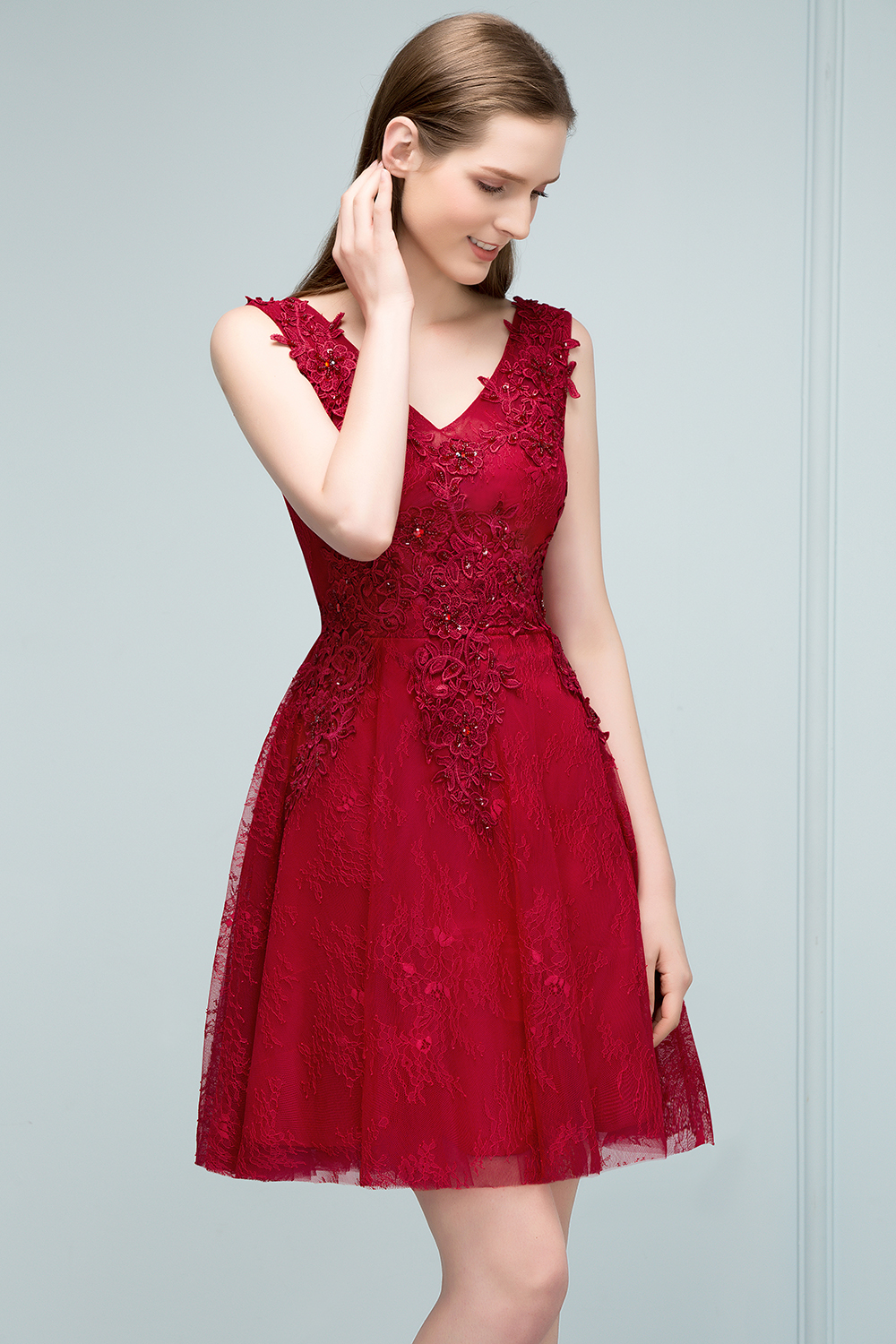 JULIA | A-line Sleeveless Short V-neck Lace Appliqued Tulle Prom Dresses-newarrivaldress