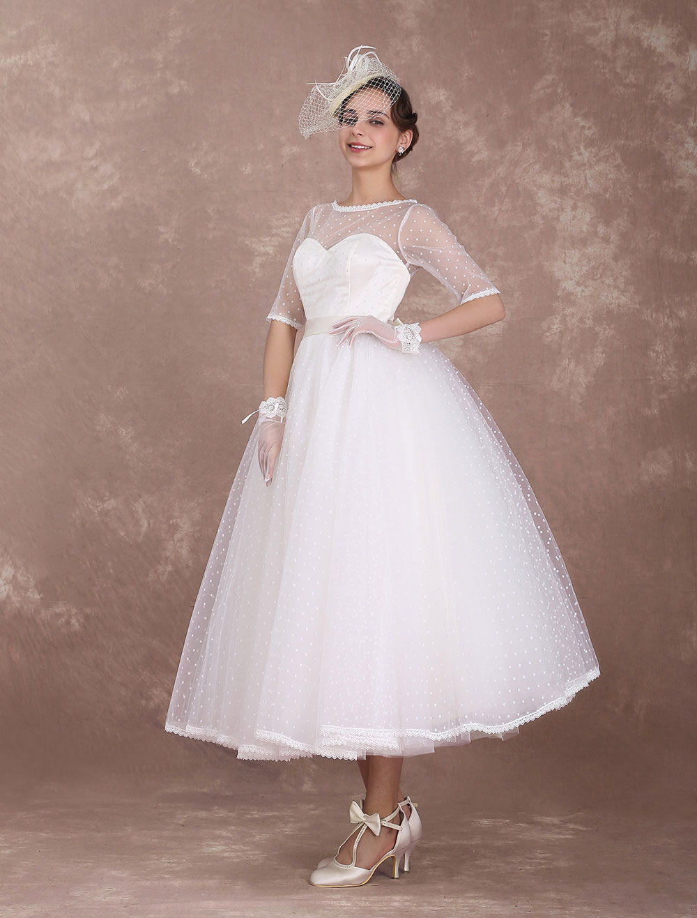 Vintage Wedding Dress 1950'S Short Bridal Dress Ivory Backless Polka Dot Half Sleeve Sweetheart Bow Sash Weddig Reception Dress Exclusive-newarrivaldress