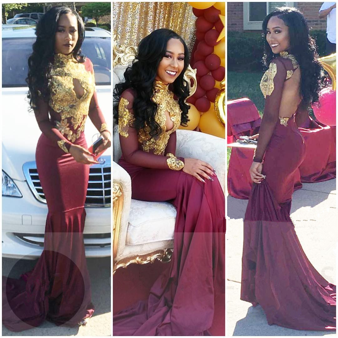 Gold-Appliques Elegant Long-Sleeves Backless High-Neck Prom Dresses-newarrivaldress