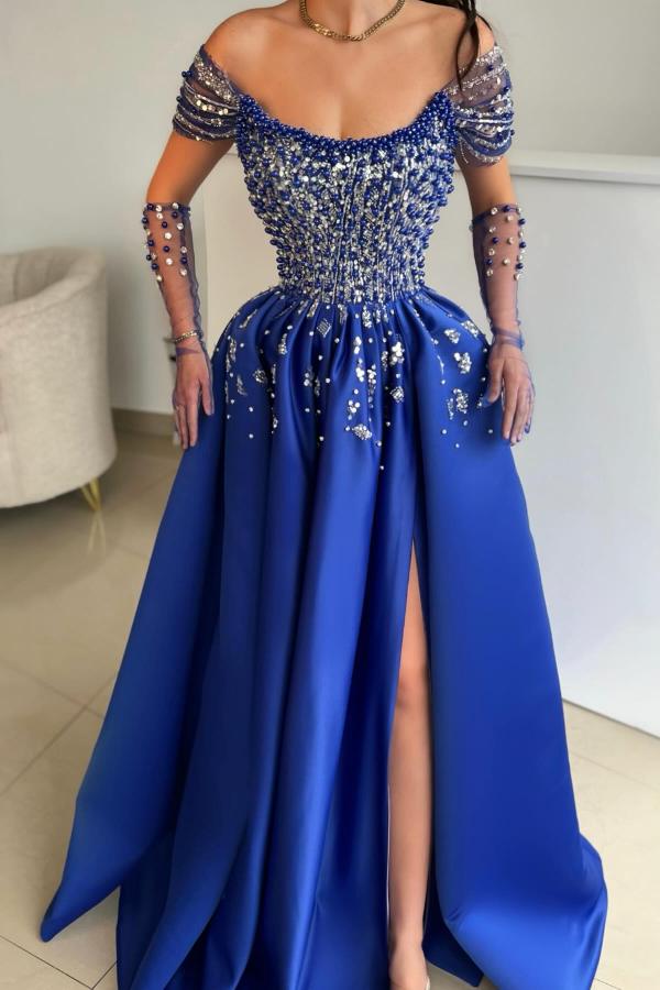 Off-the-Shoulder Beadings Royal Blue Prom Dress Side Split Evening Dress-newarrivaldress