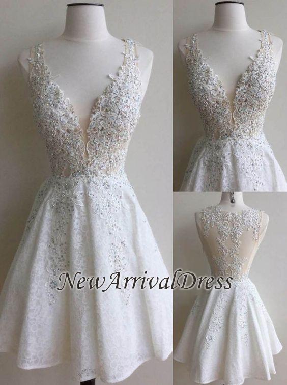 V-Neck Beads Custom Made A-line Lace Mini Appliques Sexy Short Homecoming Dresses-newarrivaldress