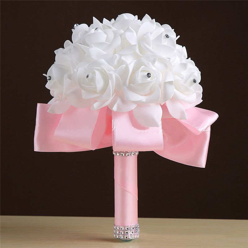 White Silk Rose Crystal Beading Bouquet in Colorful Handles | Newarrivaldress.com