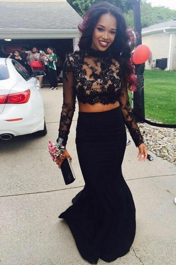 Two-Piece Prom Dresses Black High Neck Long Sleeves Lace Top Mermaid Sexy Evening Gowns-newarrivaldress