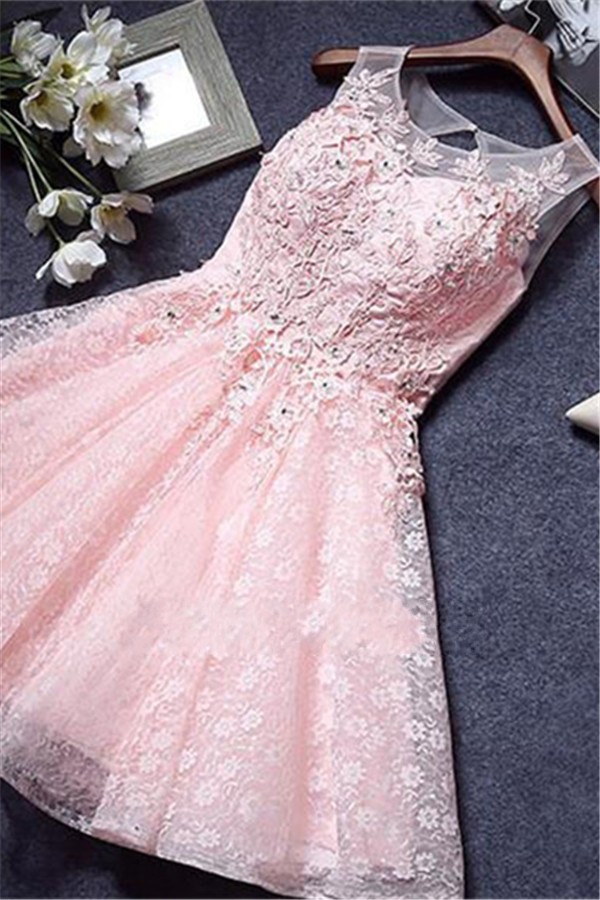 Custom Made A-line Lace Pink Sleeveless Appliques Sexy Short Homecoming Dresses-newarrivaldress