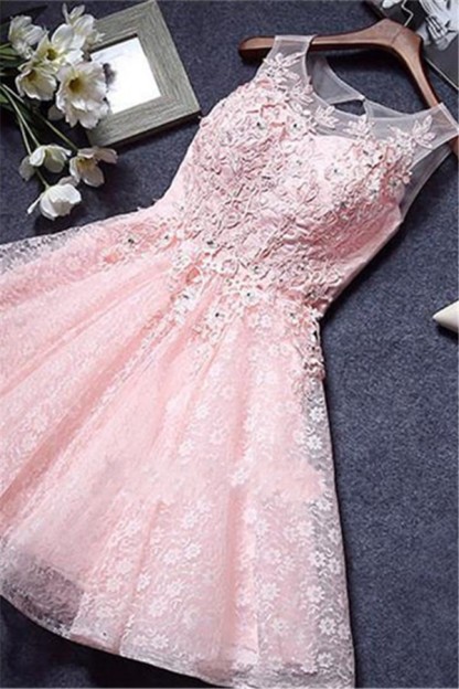 Custom Made A-line Lace Pink Sleeveless Appliques Sexy Short Homecoming Dresses-newarrivaldress
