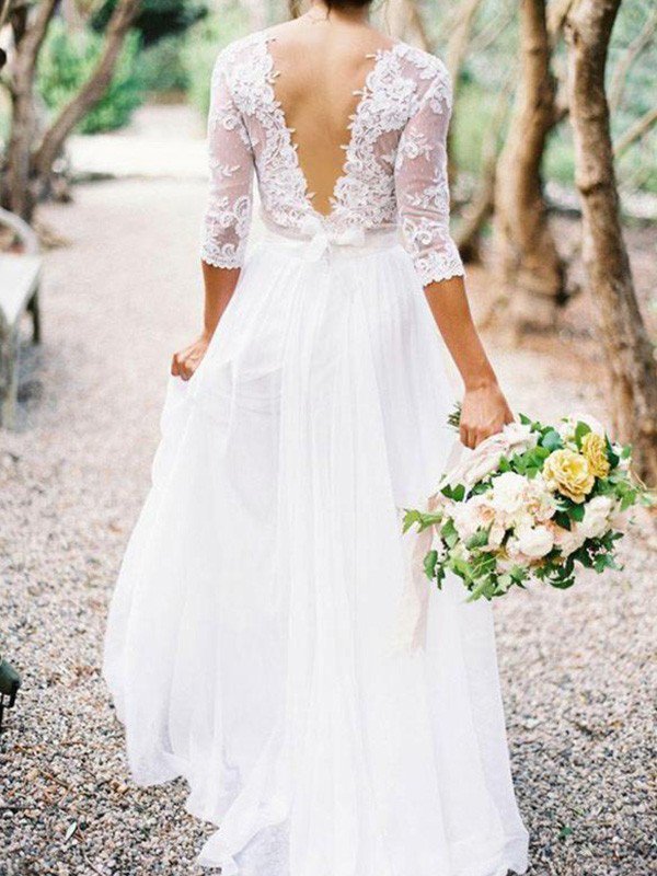 Lace Chiffon V-neck Floor Length Bridal Gowns | Half Sleeve Appliques Sexy Wedding Dresses-newarrivaldress